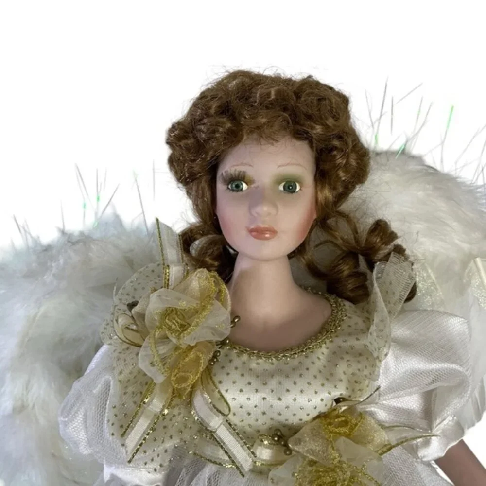 Vintage Porcelain Angel Doll 19” Brunette with Stand Gold White Lace Gown 1989